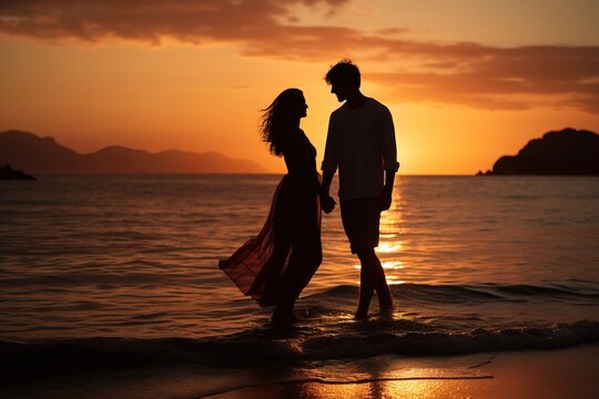 silhouette of a couple in love man and woman holding hands on the seashore at sunset