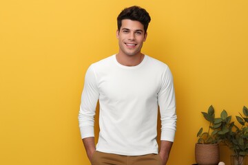 Mockup - Mann im weißen, langärmligen T-Shirt vor einer gelben Wand. Ideal POD T-shirt Motive.