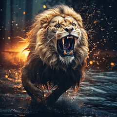 menacing lion running across the river at night - 639627239