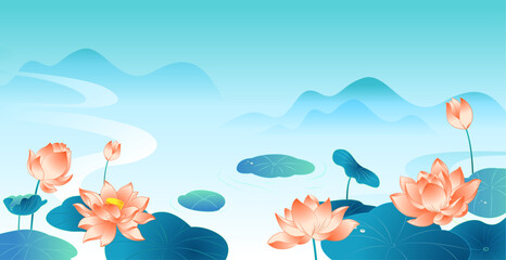 Fototapeta na wymiar Vector illustration of lotus flowers and leaves landscape