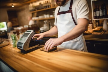 Small cozy cafe coffee shop bakery completing order business interior sunny morning light proud happy barista offers cheap hot tasty cocoa latte cappuccino americano espresso baguette bread bun donuts