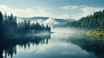 Generative AI, foggy calm lake surrounded by a pine forest, trees around the reservoir, northern nature, fog over the river, majestic nature, peaceful landscape, harmonious landscape