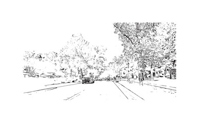 Building view with landmark of Roswell is the
city in New Mexico. Hand drawn sketch illustration in vector.