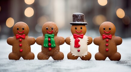 Sweet little gingerbread men ready to celebration Christmas. Cookies men decorated with colored icing for festive, xmas, seasonal bakery. Delicious cookies.