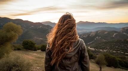 Side see of female traveler with long wavy hair standing on perspective and watching beautiful scene with mountains beneath dusk sky in Spain - obrazy, fototapety, plakaty