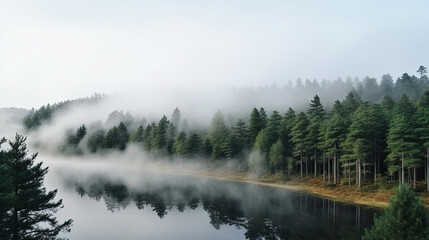 Generative AI, foggy calm lake surrounded by a pine forest, trees around the reservoir, northern nature, fog over the river, majestic nature, peaceful landscape, harmonious landscape