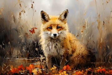 beautiful painted red fox on the background of the forest