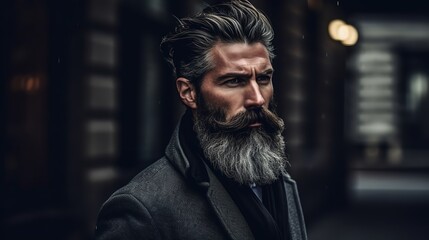Stylish Model with Striking Gray-Black Beard in a Side Street Wearing a Coat