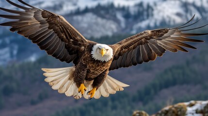 Bald Eagle Soaring Against a Mountainous Landscape Background