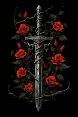Fototapeta premium High fantasy illustration of a sword with vines and flowers. Great for fantasy, dark fantasy book covers, invites, posters, t-shirts and more. 