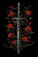 Fotobehang High fantasy illustration of a sword with vines and flowers. Great for fantasy, dark fantasy book covers, invites, posters, t-shirts and more.  © DW