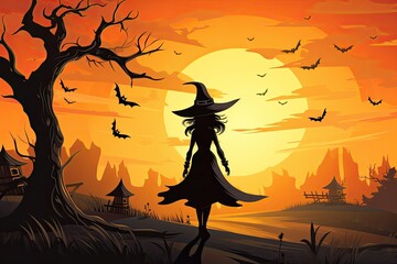 cartoon beautiful witch in the forest at sunset background