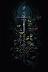 High fantasy illustration of a sword with vines and flowers. Great for fantasy, dark fantasy book covers, invites, posters, t-shirts and more. 