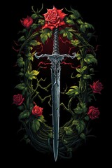 High fantasy illustration of a sword with vines and flowers. Great for fantasy, dark fantasy book covers, invites, posters, t-shirts and more. 