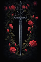 High fantasy illustration of a sword with vines and flowers. Great for fantasy, dark fantasy book covers, invites, posters, t-shirts and more. 