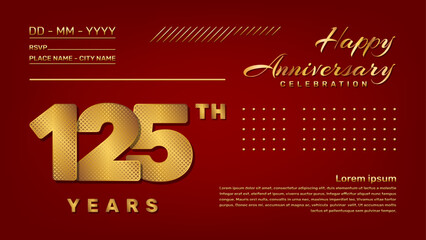 Vector template with golden pattern number style isolated on red background, modern and luxury template design for 125th anniversary celebration event