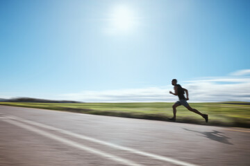 Runner blur, fast and man on road outdoor, cardio or healthy body fitness. Athlete speed, sprint or exercise in competition, workout training or race on street in wellness at countryside mockup space