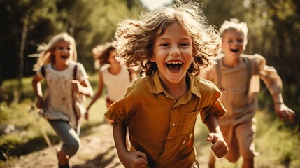 cheerful children chasing each other while having fun playing