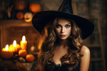 beautiful brown-haired woman witch in a hat inside the house