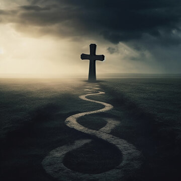 Hero's grave. Grave with cross on seashore. AI generation..