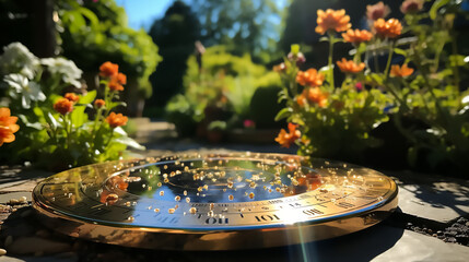 A sundial in the middle of a sunny garden - obrazy, fototapety, plakaty