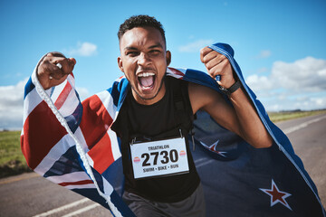 Portrait, training and flag of New Zealand with a man runner on a street in nature for motivation...