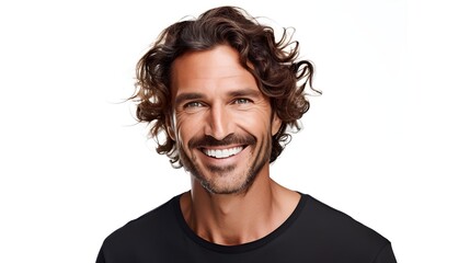Man smiling with curly hair. Portrait of handsome positive man with toothy smile and healthy hair isolated on white background - Powered by Adobe