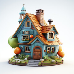 Cute cartoon fairy blue house with orange roof on white isolated background