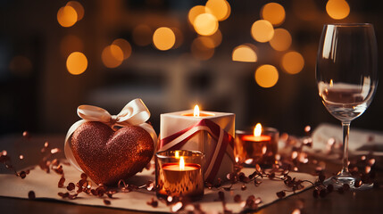 Romantic Valentine's Day dinner table with red wine, box of chocolates and candle lights. Professional color grading, soft shadows, sharp focus, cinema film photography