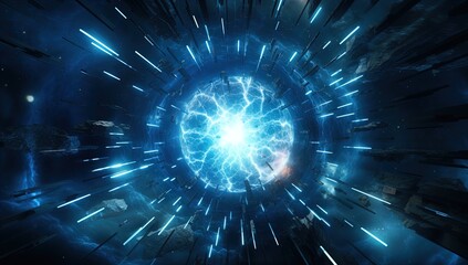 A blue energy portal in space. Great for stories on sci-fi, space opera, interstellar travel, time travel and more. 