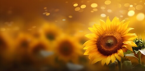 Beautiful sunflowers against sunset golden light and blurry soft ten sunflower field natural background