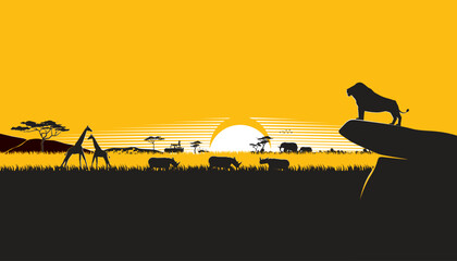 African safari landscape with animals on sunset background. Safari theme © Manovector