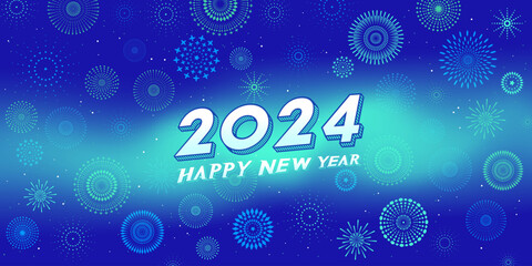 Happy new year 2024 with fireworks background duotone blue and green.