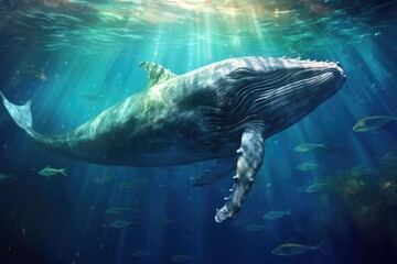 Fototapeta premium A Humpback Whale Plays Near the Surface in Blue Water, AI Generated