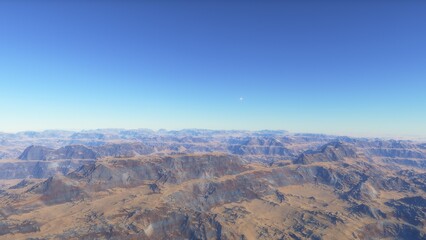 Mars like red planet, with arid landscape, rocky hills and mountains, for space exploration and science fiction backgrounds.
