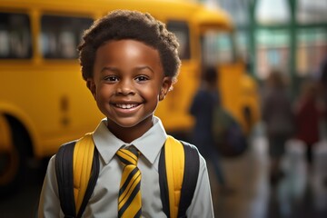 Smiling African American boy in front of a yellow school bus. September and the beginning of school classes.