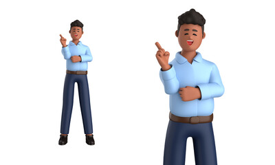 3d black businessman executive pose wearing suit standing with blank screen laptop isolated on white background, 3d rendering