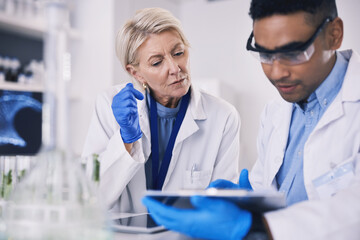 Science, man and woman with checklist, plants in laboratory and research on sustainability in...