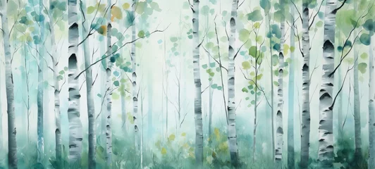 Fototapeten Watercolor painting illustration of abstract birch trees in forest, landscape background © Corri Seizinger