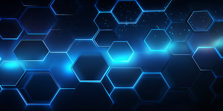 Abstract technology background with blue hexagons.
