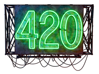 a 3d render of " 420" neon sign on metal board with cables.