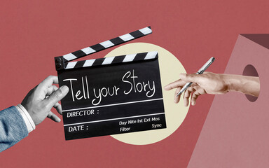 Tell your Story.  text title on film slate or movie Clapper board  for filmmaker and film industry...