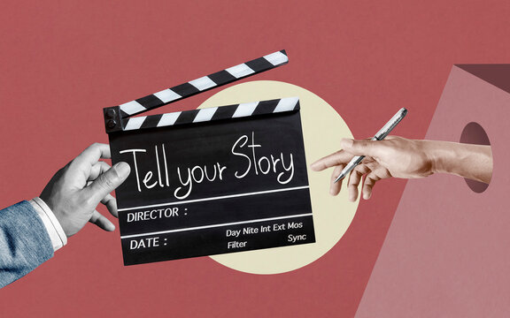 Tell your Story.  text title on film slate or movie Clapper board  for filmmaker and film industry .Abstract art collage.	
