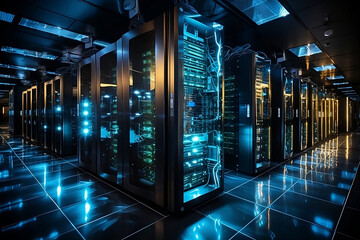 Cutting-edge data servers boasting exceptional performance. Within the confines of the data center rack, reside ultra high-performance servers, generative AI