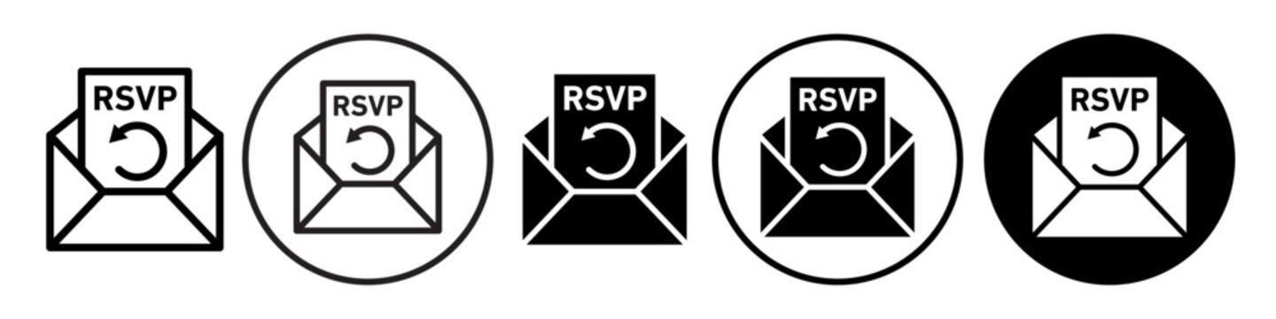 RSVP Icon. Please respond to confirm event invitation symbol for web app ui use. Vector set of email newsletter to ask post answer to accept party card through postal mail. Flat outline of envelope 