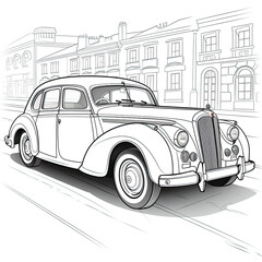 Coloring book retro car on a city street , Generative AI