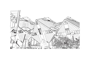 Building view with landmark of  Rotterdam is the city in the Netherlands. Hand drawn sketch illustration in vector.