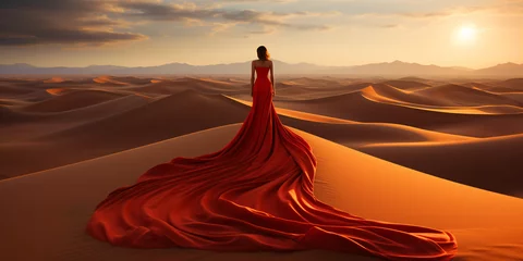 Tuinposter beautiful woman in a long red dress stands in the middle of a desert landscape with high sand dunes © Riverland Studio