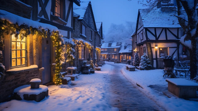 Fototapeta A quaint village dusted with snow, old stone houses, Christmas lights twinkling in the twilight