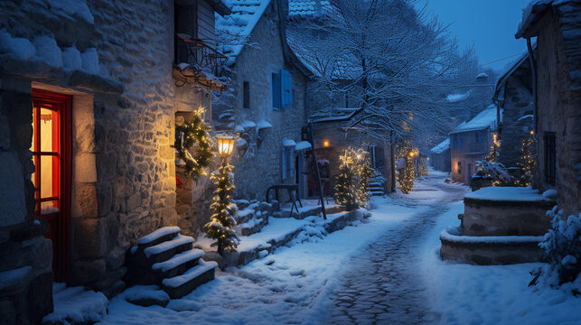 Fototapeta A quaint village dusted with snow, old stone houses, Christmas lights twinkling in the twilight